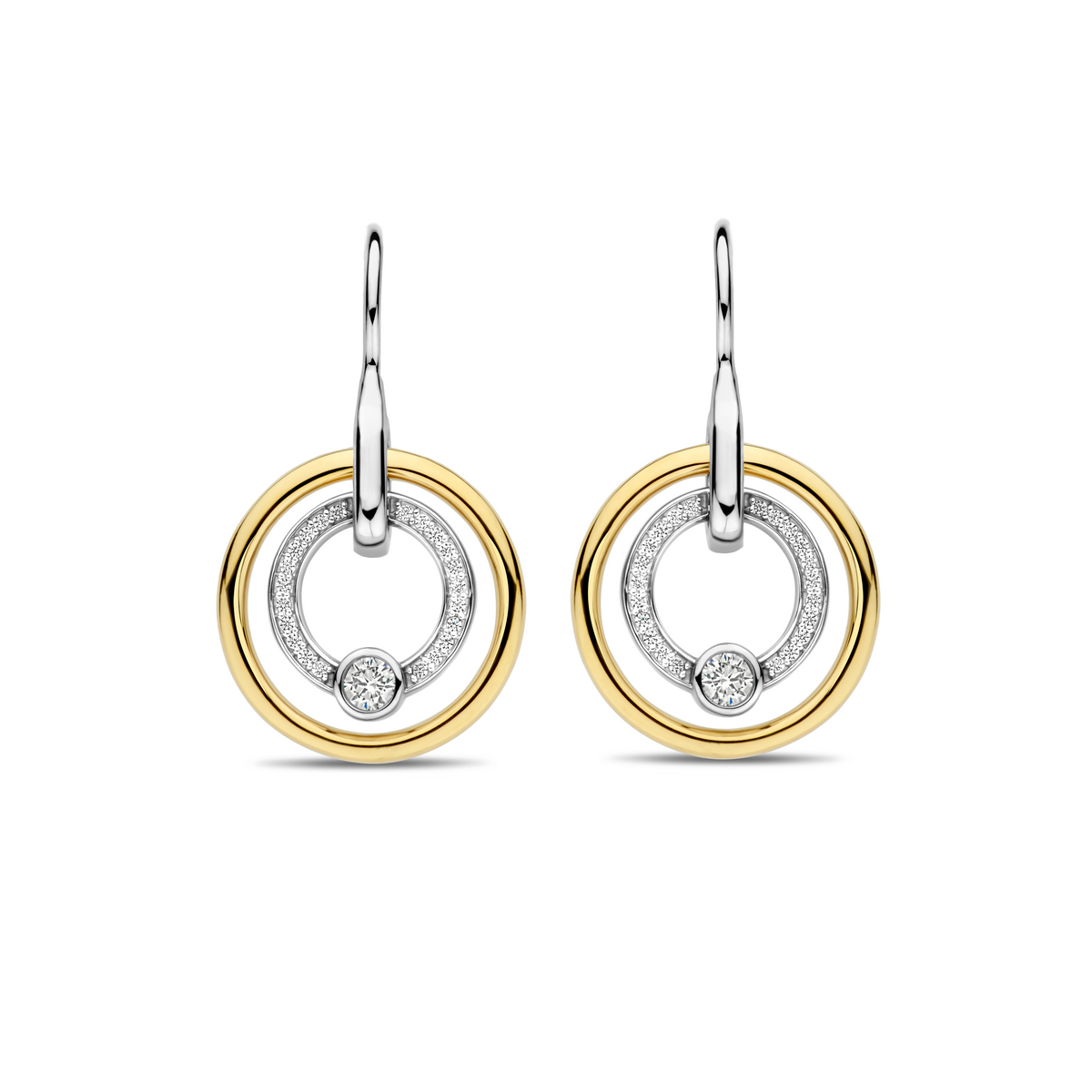 Gold Vermeil and Sterling Silver Two Tone circle drop earrings with cubic zirconia, alternative view