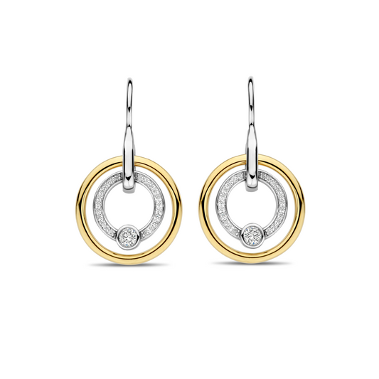 Gold Vermeil and Sterling Silver Two Tone circle drop earrings with cubic zirconia, alternative view