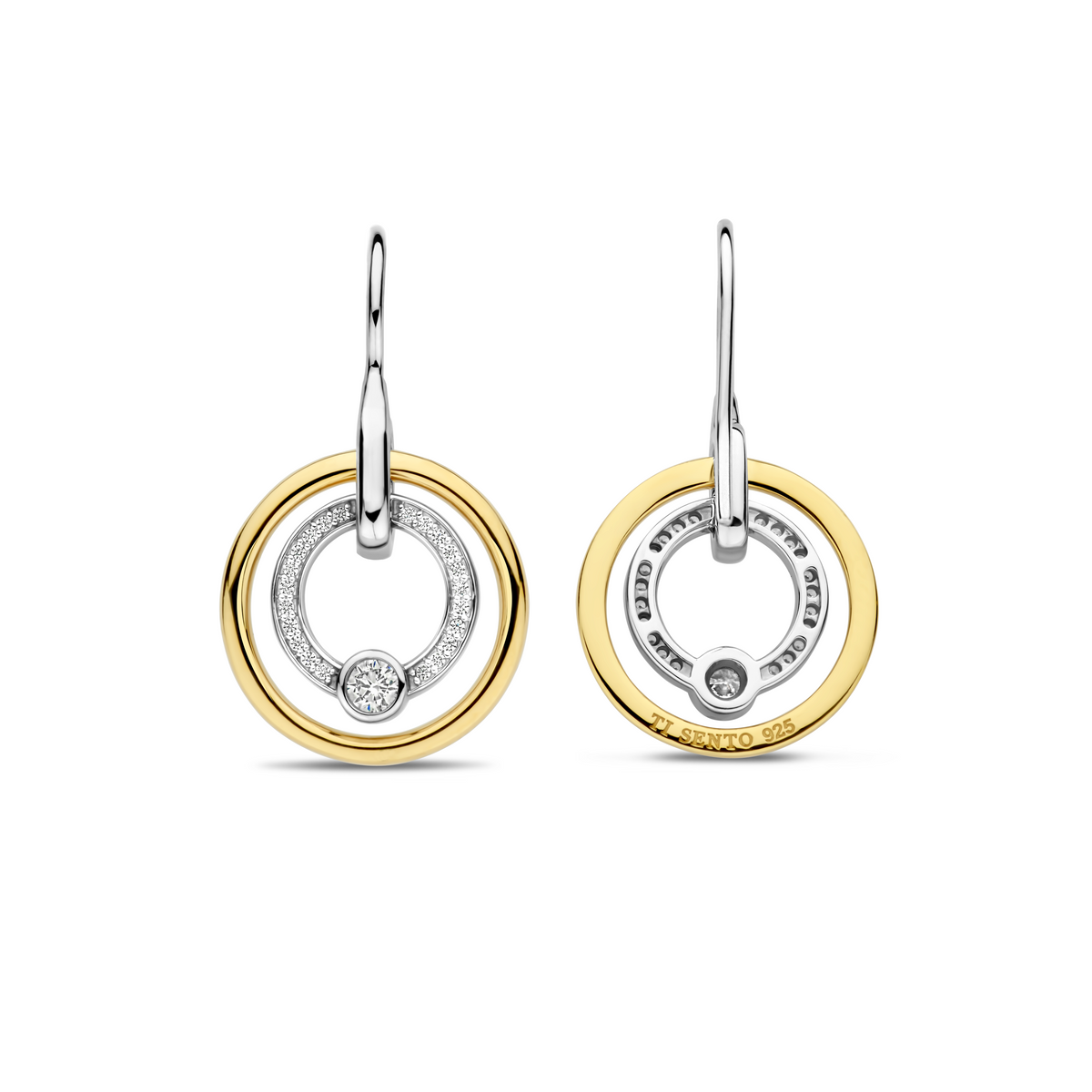 Gold Vermeil and Sterling Silver Two Tone circle drop earrings with cubic zirconia, alternative view
