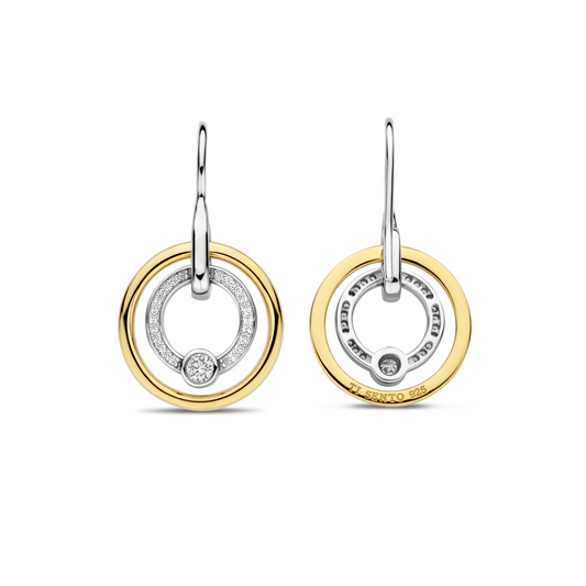 Gold Vermeil and Sterling Silver Two Tone circle drop earrings with cubic zirconia, alternative view