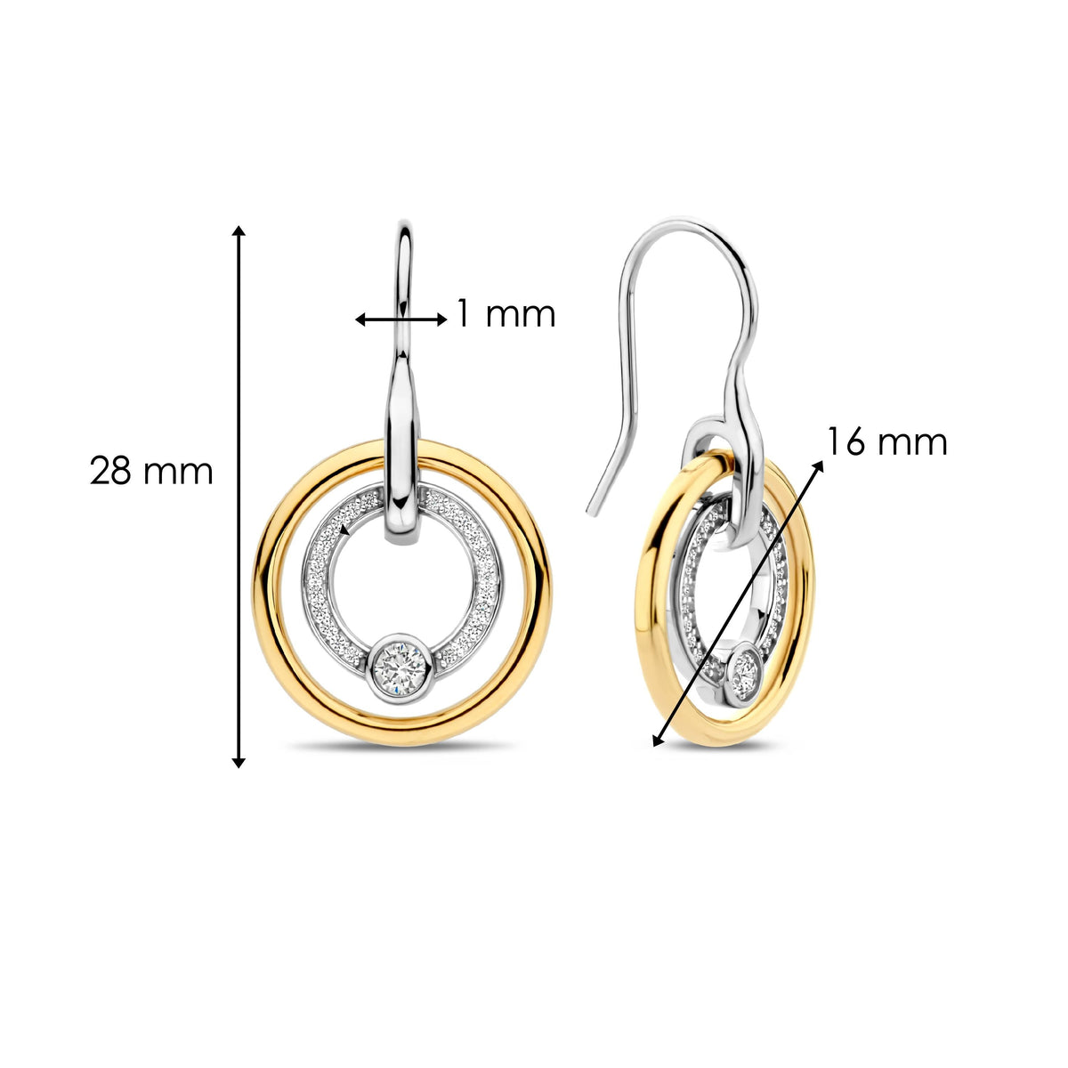 Gold Vermeil and Sterling Silver Two Tone circle drop earrings with cubic zirconia, dimensions