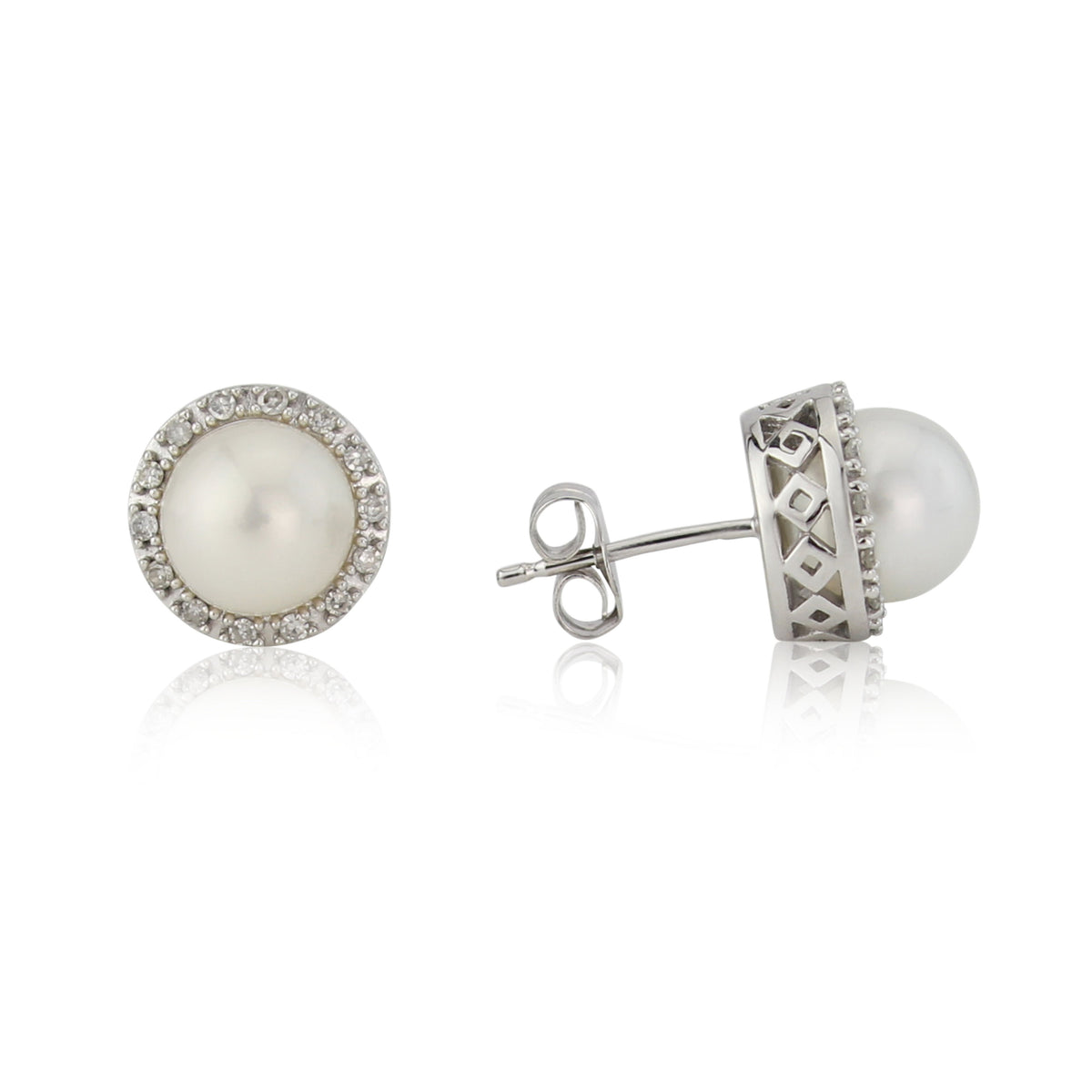 9ct White Gold, Pearl and Diamond Cluster Stud Earrings