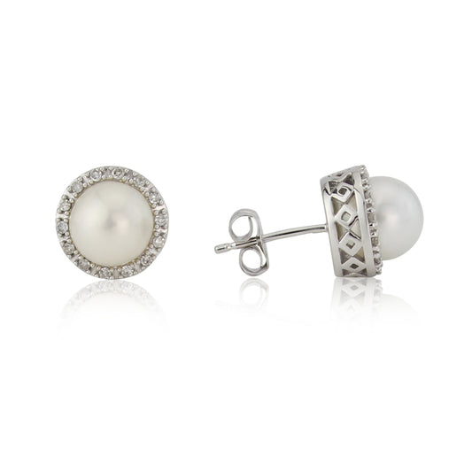 9ct White Gold, Pearl and Diamond Cluster Stud Earrings