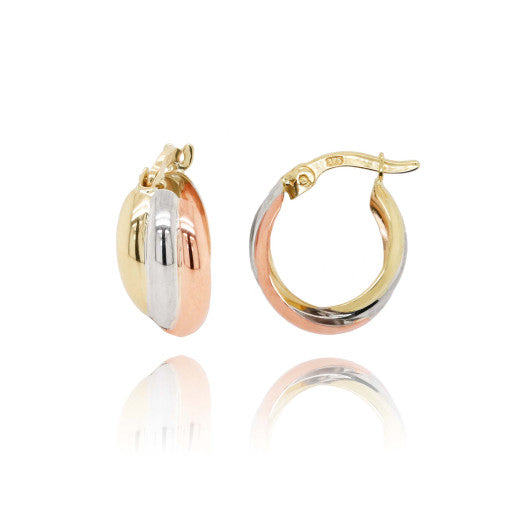 9ct 3 colour Gold hinged peg Hoop Earrings