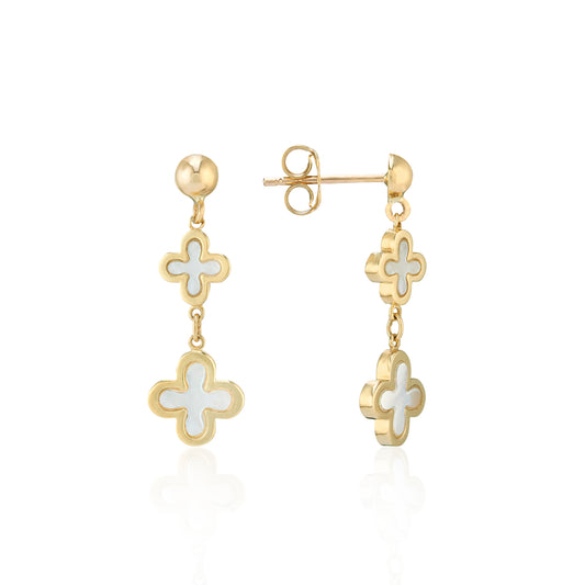 9ct Yellow Gold Mother of Pearl Double Drop Clover Earrings