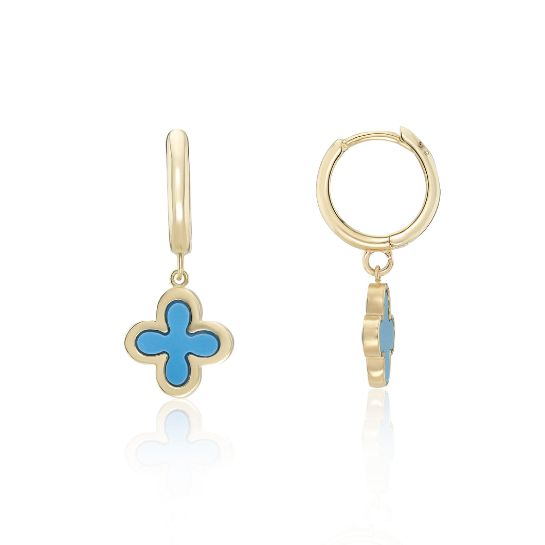 9ct Yellow Gold Hoops with Turquoise flower drops