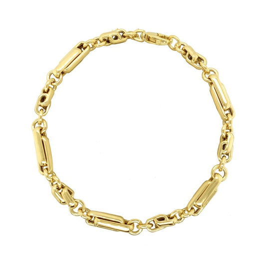 A yellow gold link chain bracelet with alternating elongated bar links and smaller connecting links, shown on a plain white background.