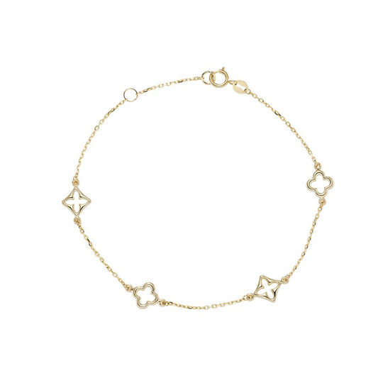 A delicate gold chain bracelet featuring four openwork clover motifs spaced along the chain, displayed on a clean white background.