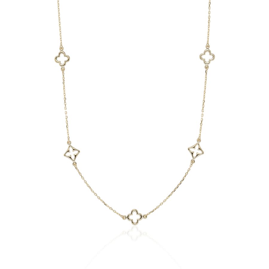 A delicate gold chain necklace featuring five openwork quatrefoil (clover) motifs spaced along the chain, displayed on a clean white background with a subtle reflection.