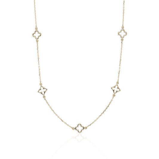 A delicate gold chain necklace featuring five openwork quatrefoil (clover) motifs spaced along the chain, displayed on a clean white background with a subtle reflection.