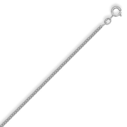A silver curb chain with a lobster clasp, shown diagonally on a plain white background.