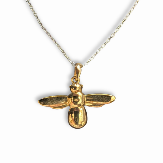 Yellow Gold Vermeil Bee Pendant on Sterling Silver Long Chain