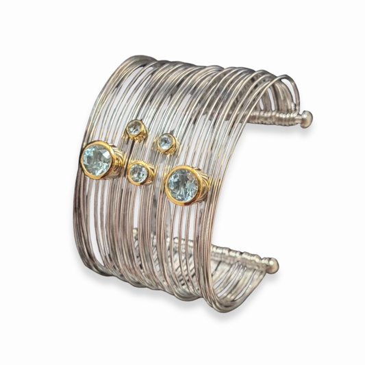 Sterling Silver Slinky Cuff Bangle with Blue Topaz and Gold Vermeil