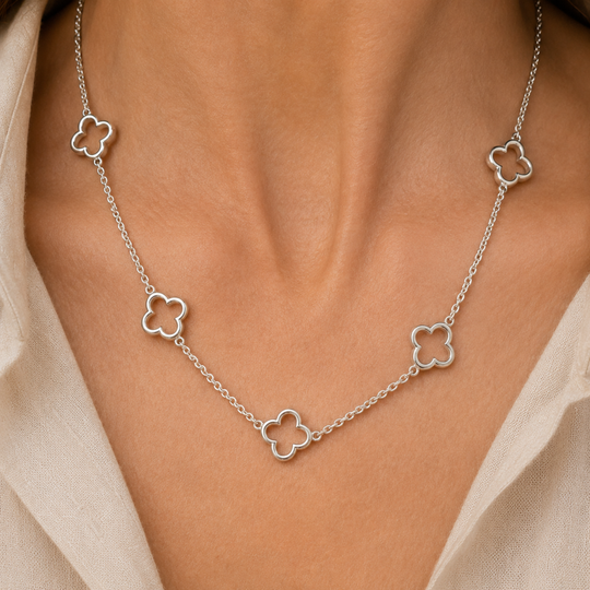 Sterling Silver Clover Motif Station Necklace, view 2