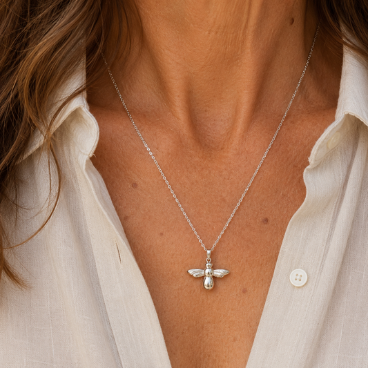 Sterling Silver Bee Pendant on Sterling Silver Long Chain, view 3
