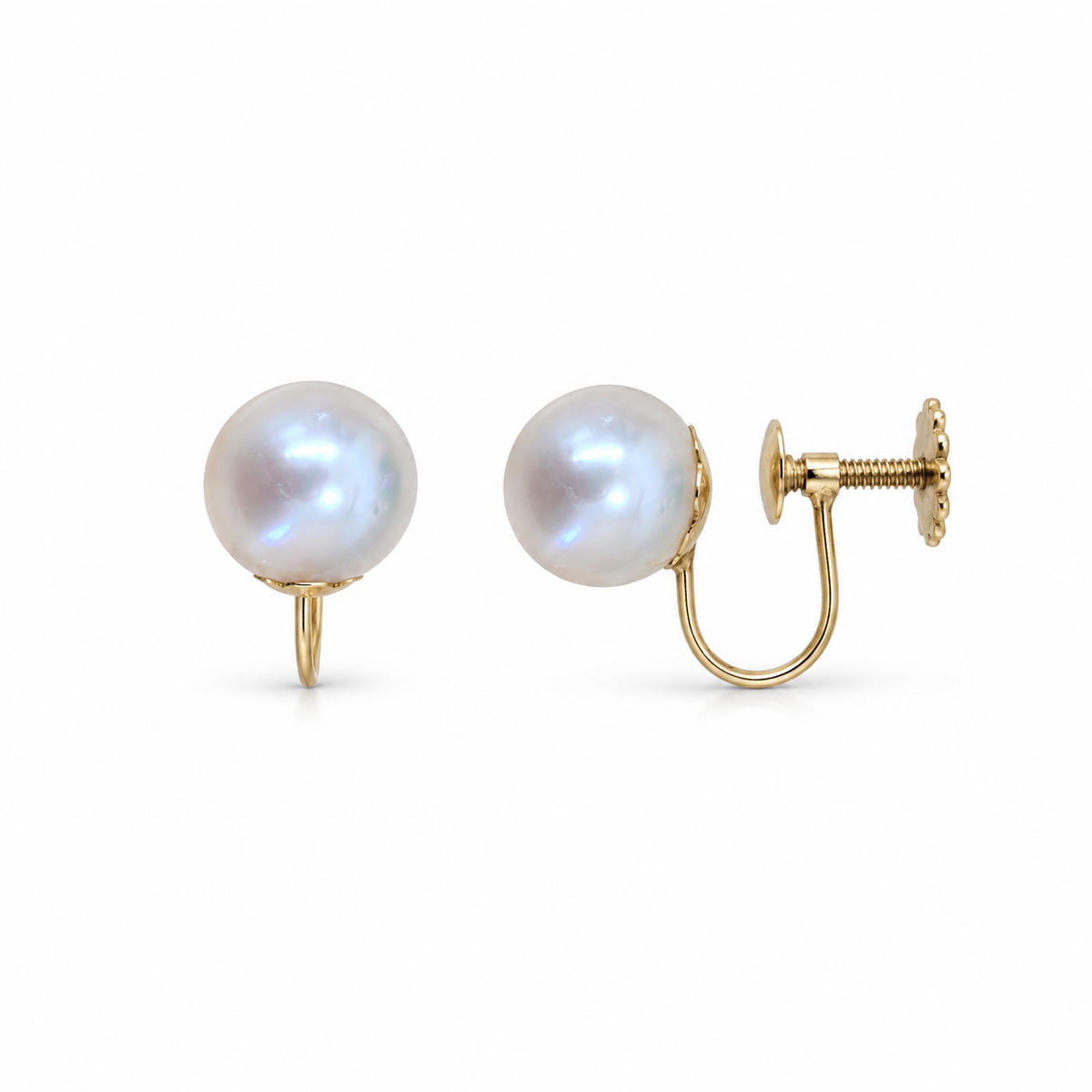 9ct Gold Pearl Screw-On Earrings, front and side views showing the fine fitting beneath the pearl