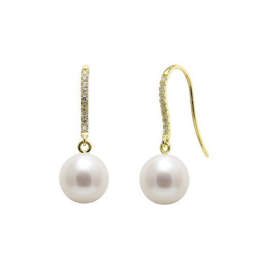 18ct Yellow Gold Diamond Set Cultured Pearl Earring Drops, view 2
