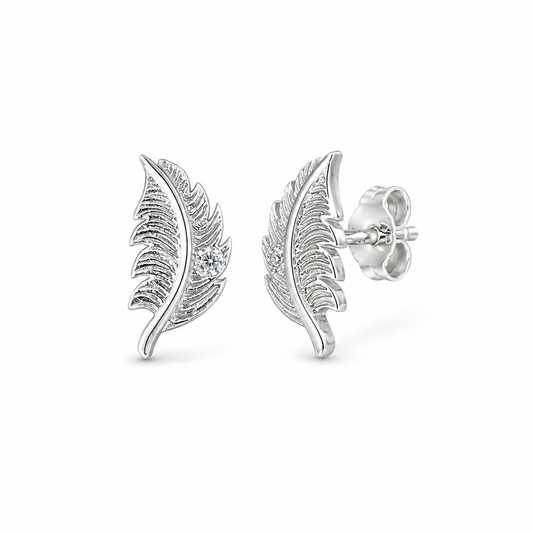 Sterling Silver Feather Stud Earrings with Single Cubic Zirconia