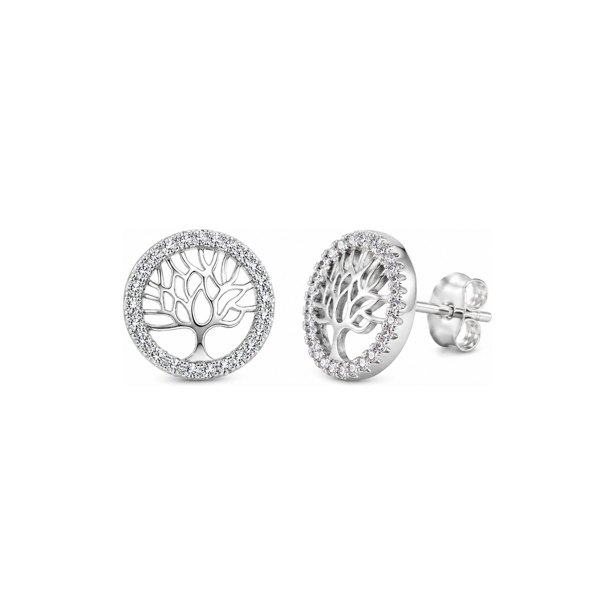 A pair of silver tree of life stud earrings with a halo border of small clear stones, shown from both front and side angles on a white background.