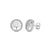 Load image into Gallery viewer, A pair of silver tree of life stud earrings with a halo border of small clear stones, shown from both front and side angles on a white background.
