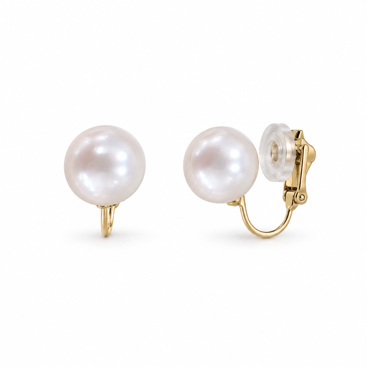 9ct Gold Pearl Clip-On Earrings, front and side views showing the fine fitting beneath the pearl