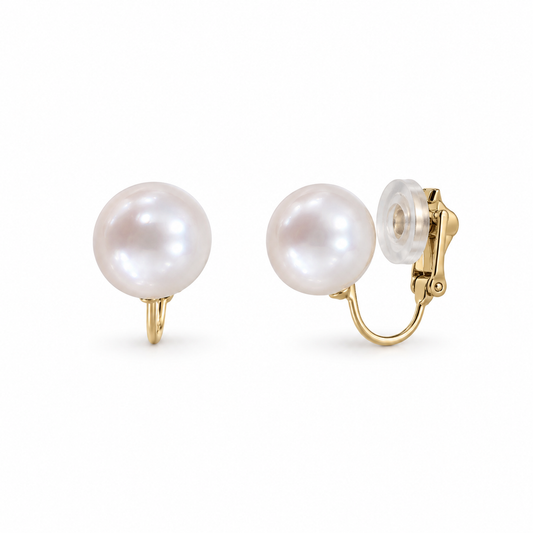 9ct Gold Pearl Clip-On Earrings, front and side views showing the fine fitting beneath the pearl
