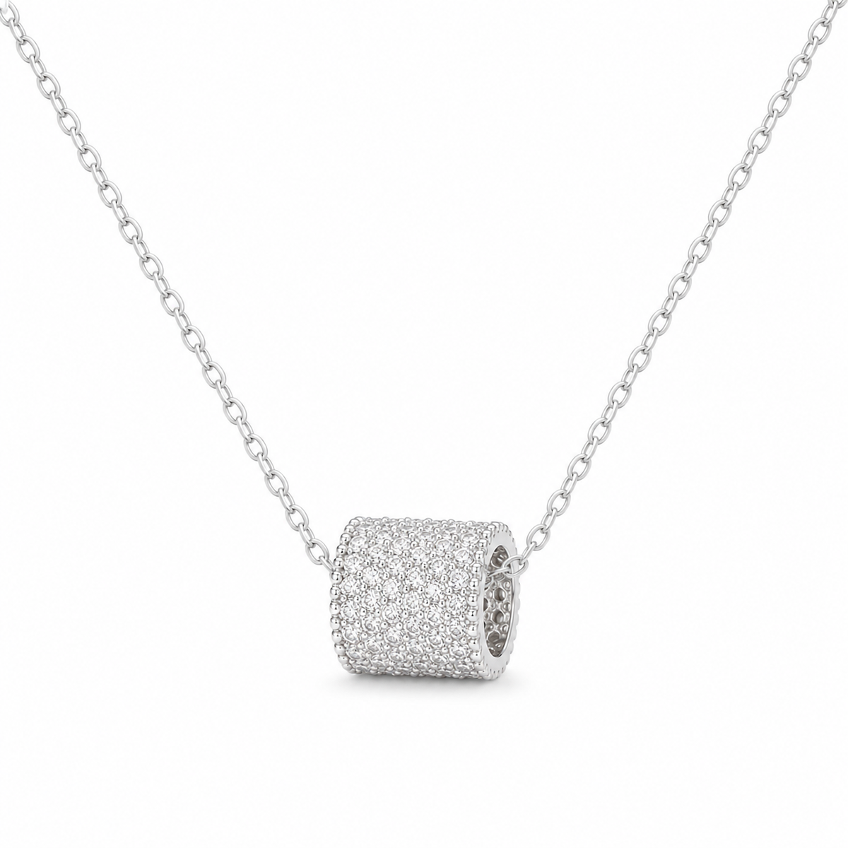 Sterling Silver Cubic Zirconia Pavé Barrel Pendant Necklace