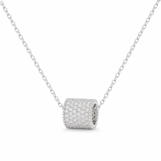 Sterling Silver Cubic Zirconia Pavé Barrel Pendant Necklace