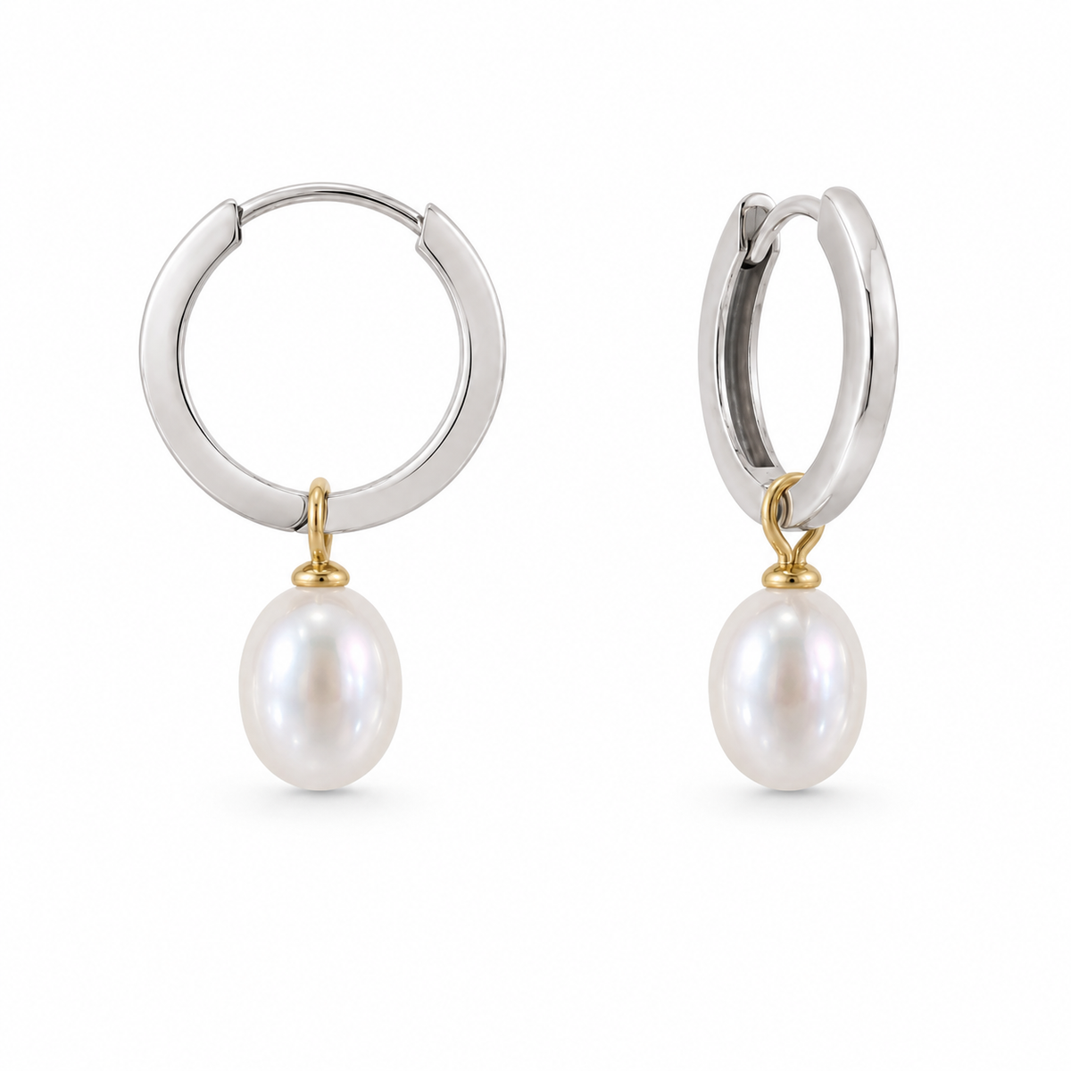 Oval white pearl charms with yellow gold fittings on 9ct White Gold huggie hoops, pair