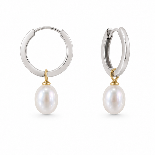 Oval white pearl charms with yellow gold fittings on 9ct White Gold huggie hoops, pair
