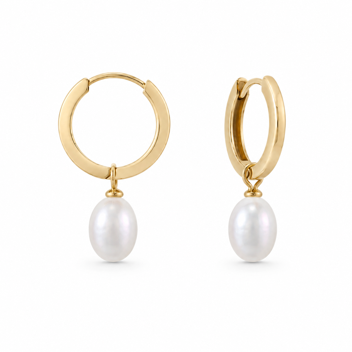 Oval white pearl charms with yellow gold fittings on 9ct Yellow Gold huggie hoops, pair