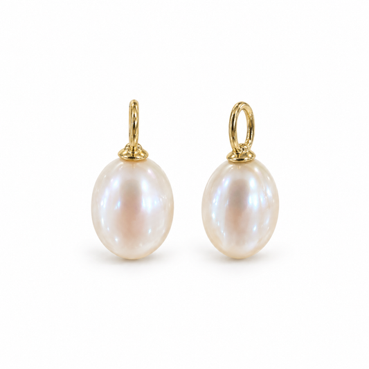 Pair of oval white pearl ear charms with 9ct Yellow Gold fittings, hoops not included