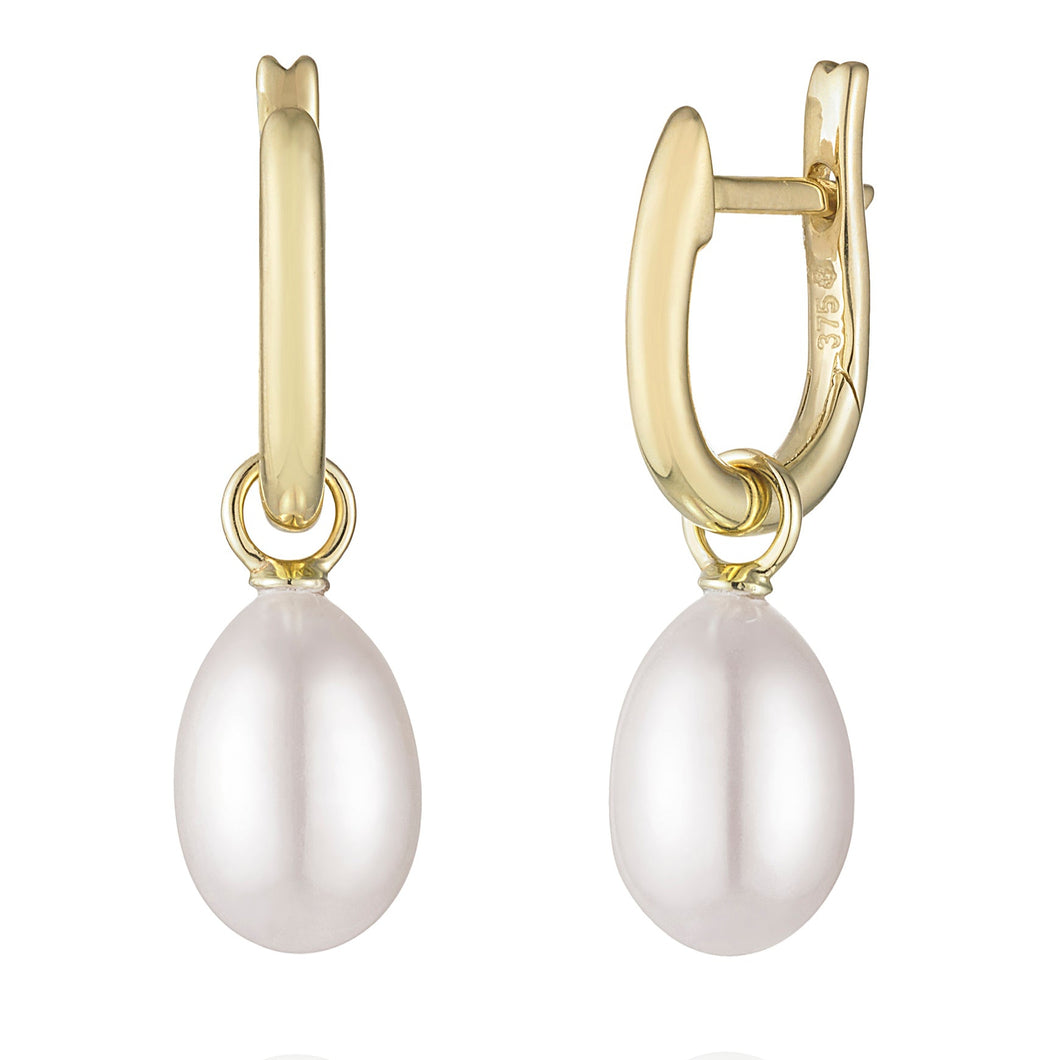 9mm White Cultured Pearl Ear Charms on 9ct Yellow Gold Hoops