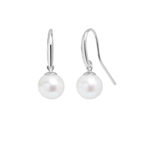 9ct White Gold Shepherds Crook & Round White Pearl Earring Drops