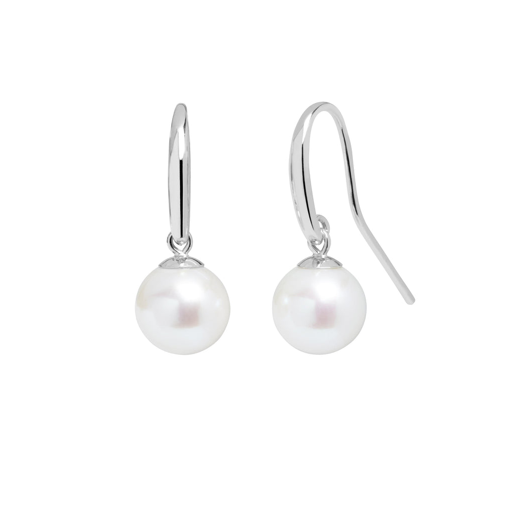 9ct White Gold Shepherds Crook & Round White Pearl Earring Drops