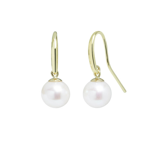 9ct Yellow Gold Shepherds Crook and Round White Pearl Drop Earrings
