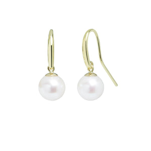 9ct Yellow Gold Shepherds Crook and Round White Pearl earring Drops