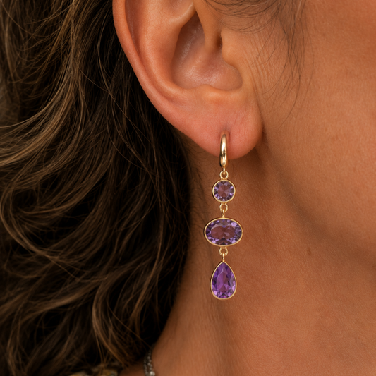 Gold Vermeil Amethyst Huggie Hoop Drop Earrings, view 2