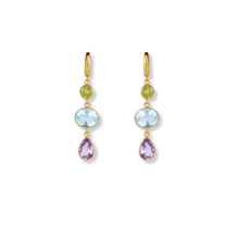Load image into Gallery viewer, Gold Vermeil Peridot Blue Topaz Amethyst Huggie Hoop Drop Earrings
