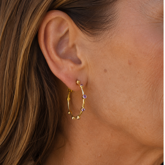 Gold Vermeil Amethyst Station Hoop Earrings, view 2