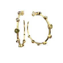 Load image into Gallery viewer, Gold hoop earrings with green gemstones on a white background

