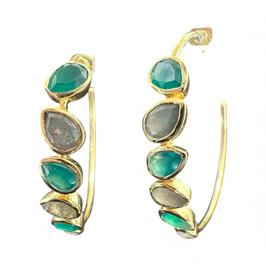 Green Onyx and Labradorite Gold Vermeil Hoop Earrings