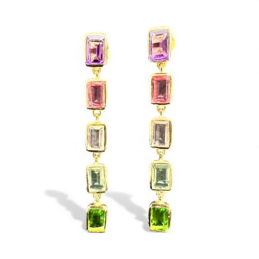 Gold Vermeil Emerald Cut Multi-Gemstone Drop Earrings