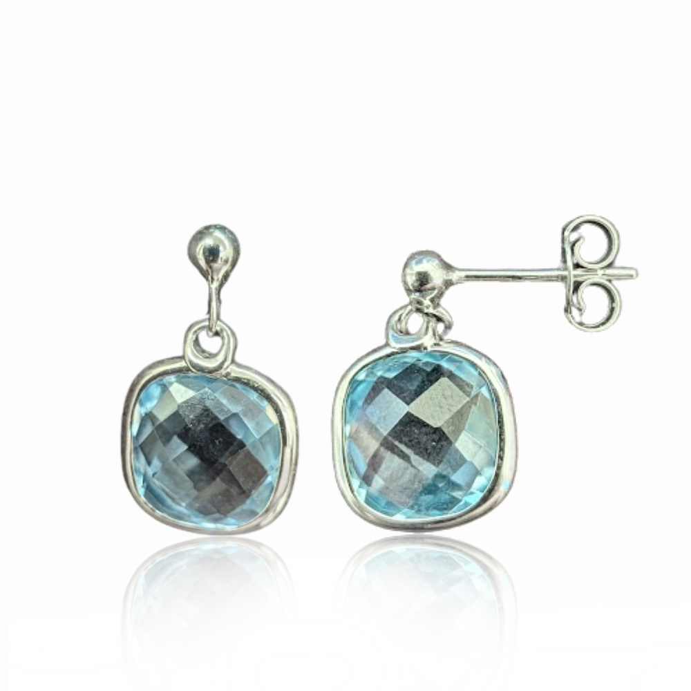 9ct White Gold Cushion Cut Blue Topaz Drop Earrings