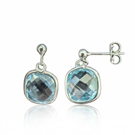 9ct White Gold Cushion Cut Blue Topaz Drop Earrings