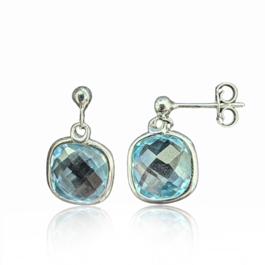 9ct White Gold Cushion Cut Blue Topaz Drop Earrings