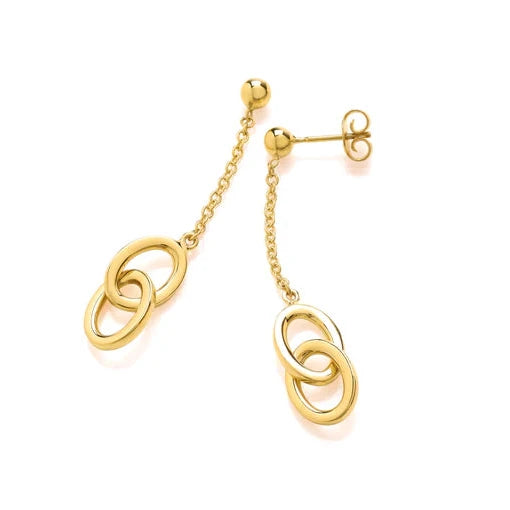 9ct Yellow Gold circles long drop Earrings