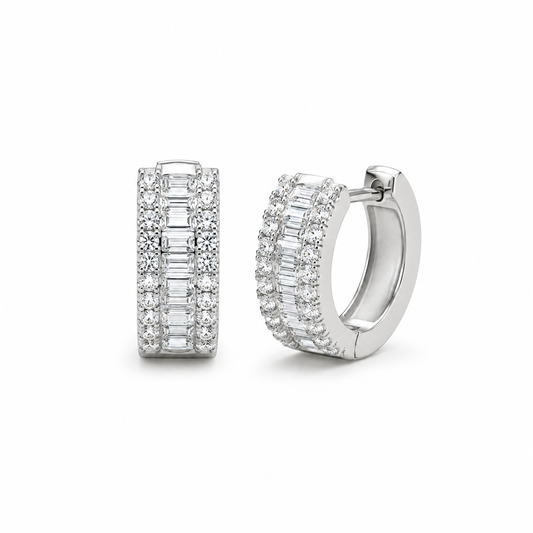 Sterling Silver Triple Row Cubic Zirconia Huggie Hoop Earrings