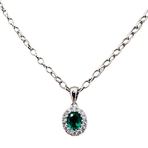 18ct White Gold oval shaped Emerald and Diamond pendant