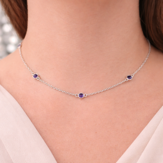 Sterling Silver Amethyst Station Necklace, view 2